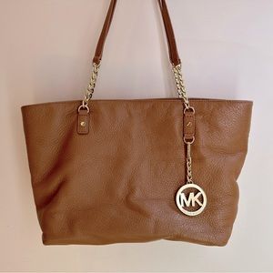 MICHAEL KORS Brown Leather Purse Handbag Tote with MK Monogram Keychain